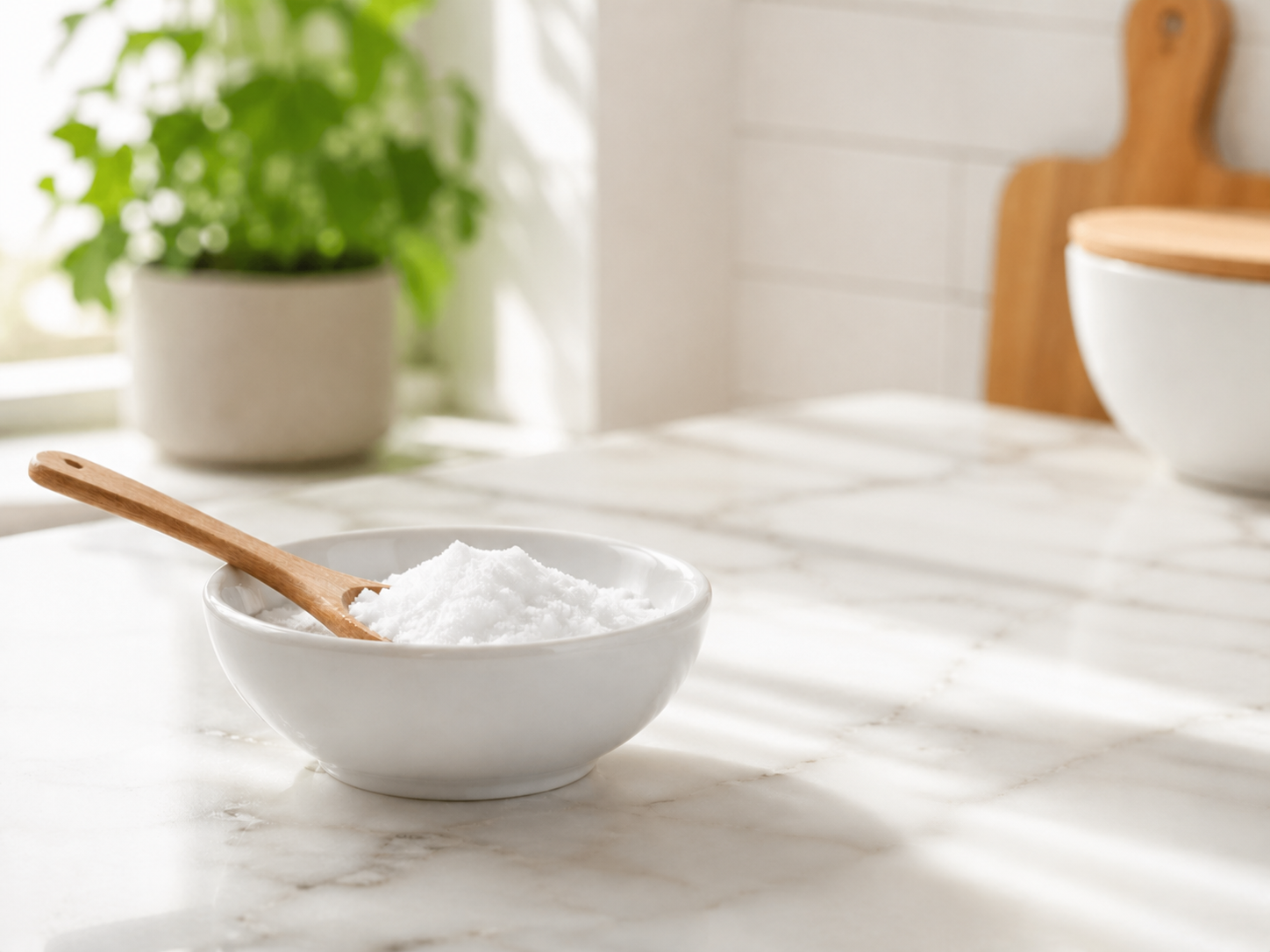 Bowl of baking soda on a marble counter near a window and a potted plant