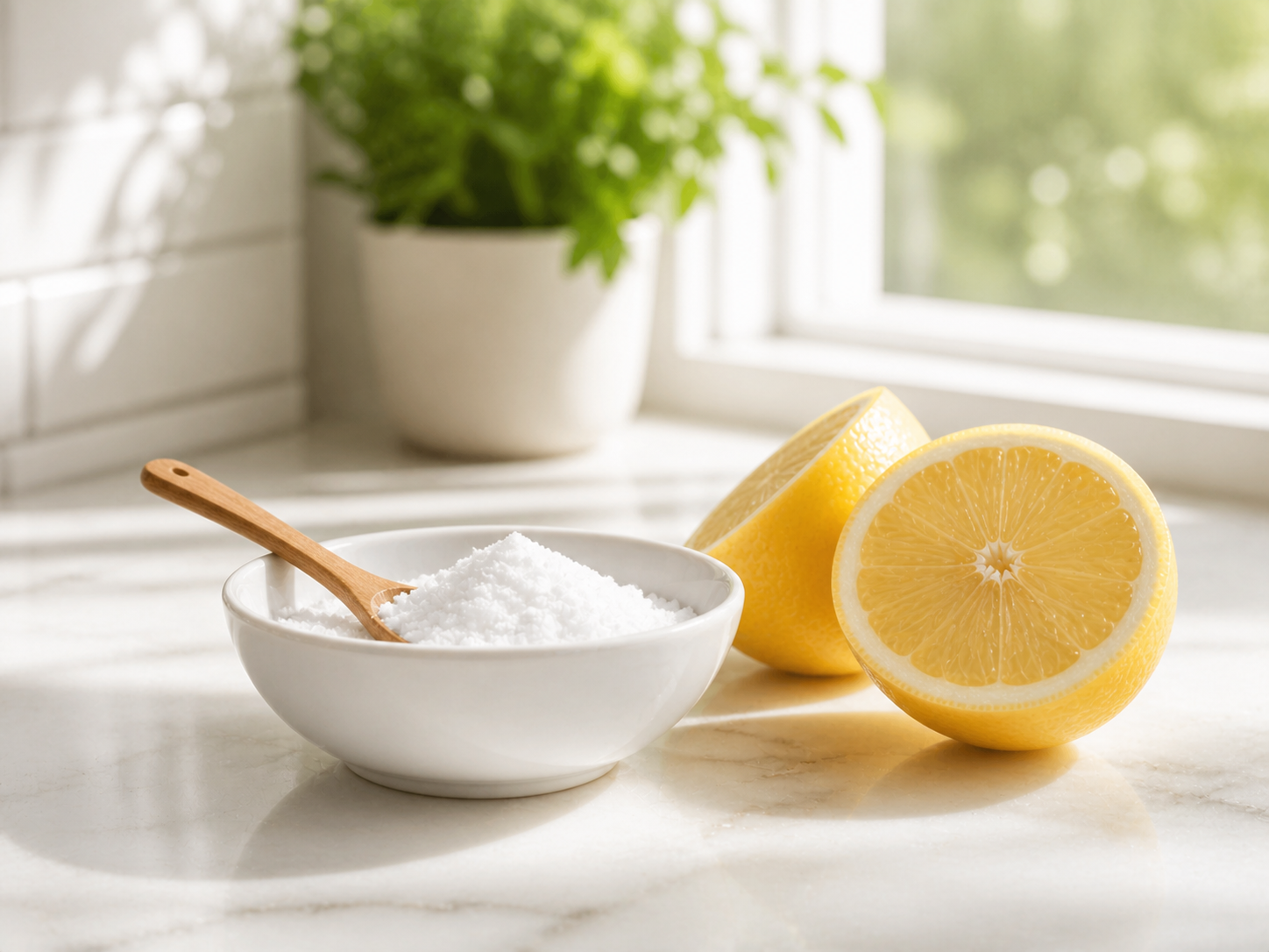 Baking soda and lemon in a bright kitchen setting