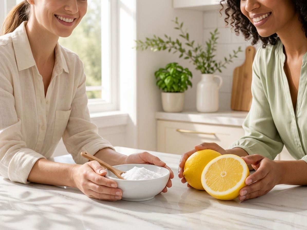 Two women preparing a baking soda and lemon mixture in a kitchen